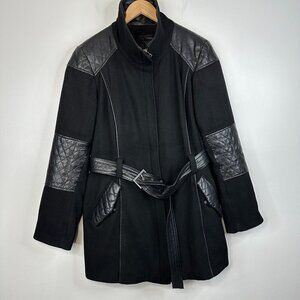 Danier Wool Blend Black Pea Coat Full Zip Jacket Leather Quilted Belt Womens XL